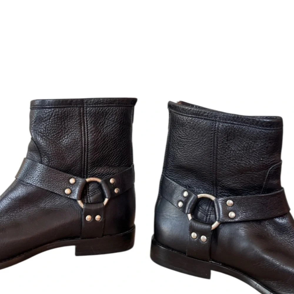 FRYE Phillip Harness‎ Moto Black Leather Short Ankle Boots Size 9